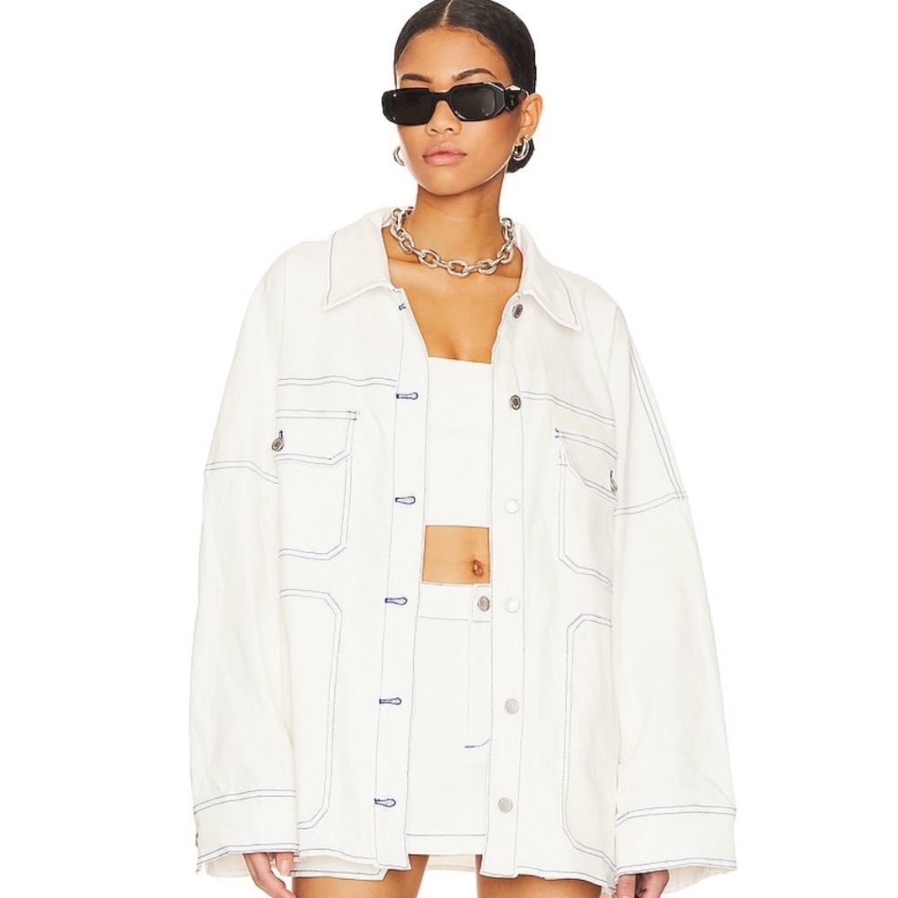 SET - Oversized denim shirt jacket and mini skirt set.